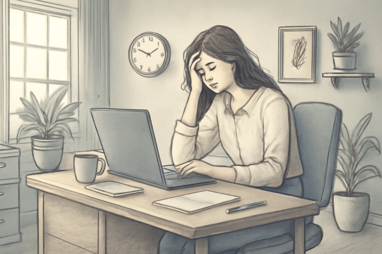 Illustration of a woman with anxiety working