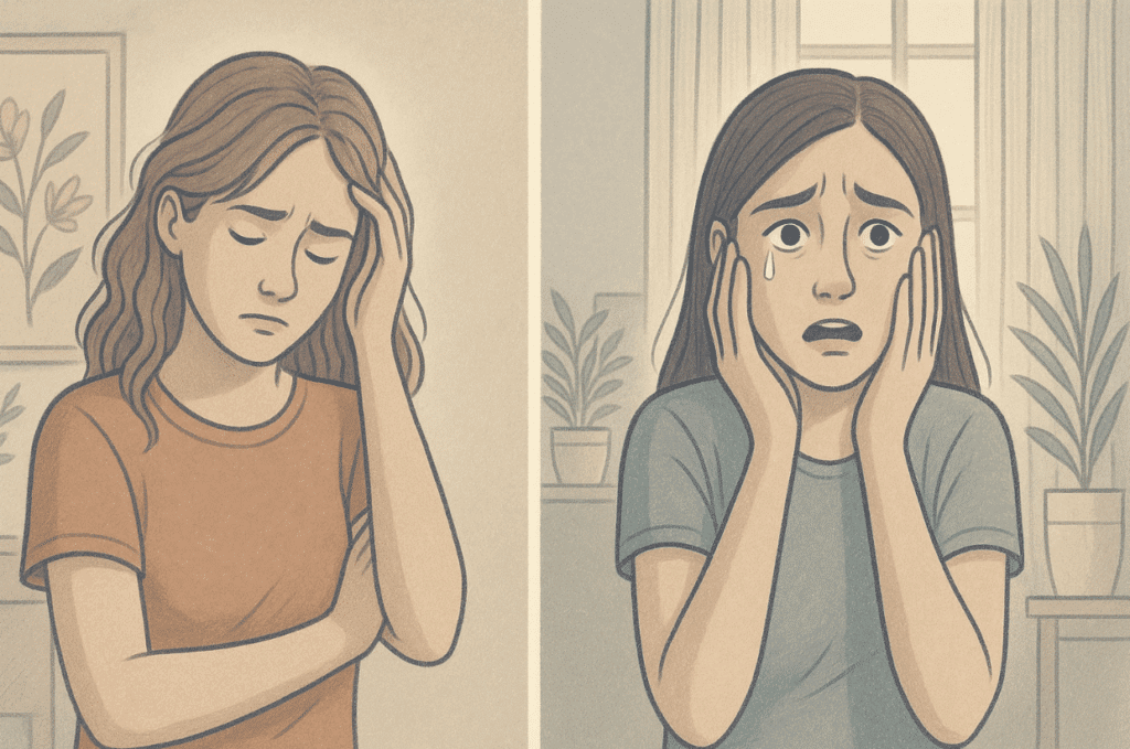 Illustration of two girls, one in a red shirt gripping her head and the other in a blue shirt looking panicked, representing bipolar vs borderline