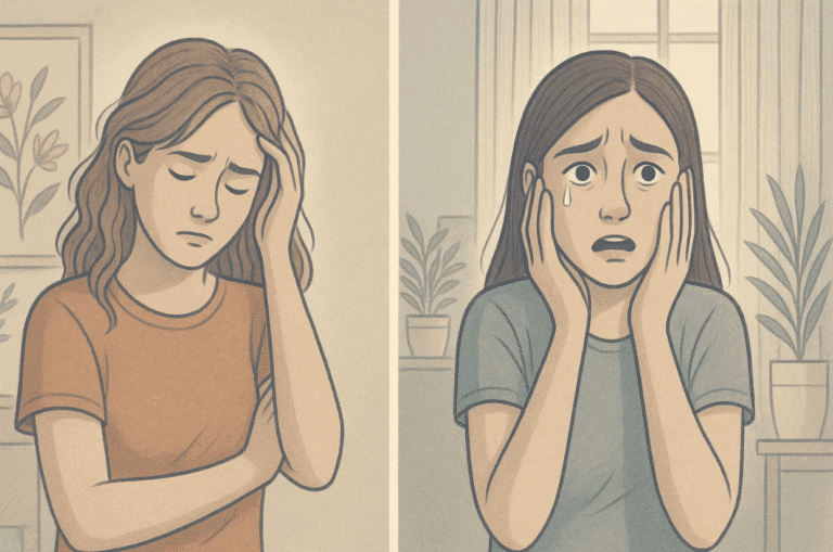 Illustration of two girls, one in a red shirt gripping her head