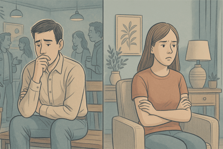 Illustration showing a man feeling anxious around people and a woman alone in her room