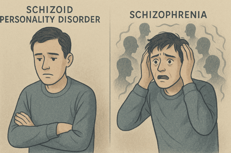 Illustration showing a man with Schizoid Personality Disorder (SPD) vs a man with schizophrenia
