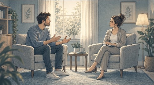A client speaks openly while the therapist listens attentively and takes notes during an early CBT engagement session for delusional disorder. 