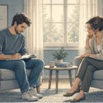 Illustration of a man and therapist with notebooks, seated in armchairs during a calm CBT session for delusional disorder