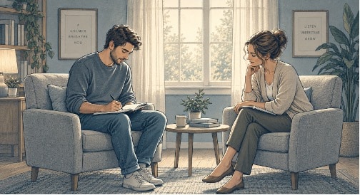 Illustration of a man and therapist with notebooks, seated in armchairs during a calm CBT session for delusional disorder