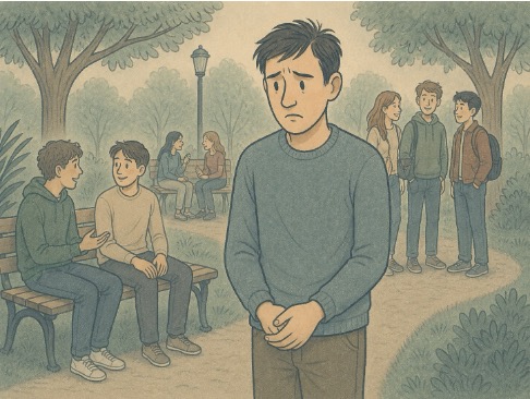 A man looking socially awkward in a public park