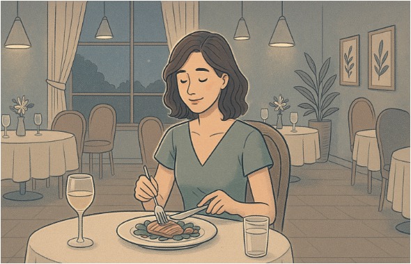 Illustration of a woman eating dinner at a high end restaurant