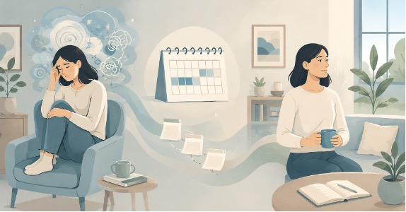 Illustration showing brief psychotic disorder duration through a calm recovery journey from distress to stability over time. 