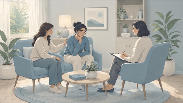 Illustration of a person with brief psychotic disorder receiving personalized mental health care with support from a loved one and clinician.