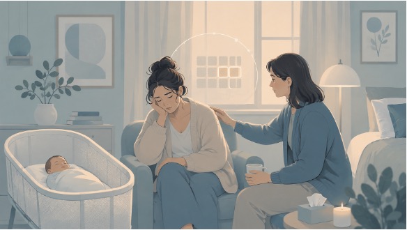 Illustration of a postpartum mother looking overwhelmed while a supportive woman offers reassurance beside a sleeping baby. 