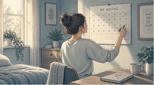 Woman marking off days on a wall routine chart, tracking steady daily progress during CBT for delusional disorder