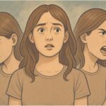 Illustration of a woman experiencing different identities, with two different emotions being expressed on each side of her