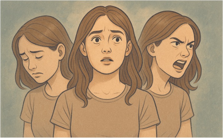 Illustration of a woman experiencing different identities, with two different emotions being expressed on each side of her