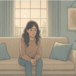 Woman sitting alone on a couch, withdrawn during a brief psychotic disorder episode