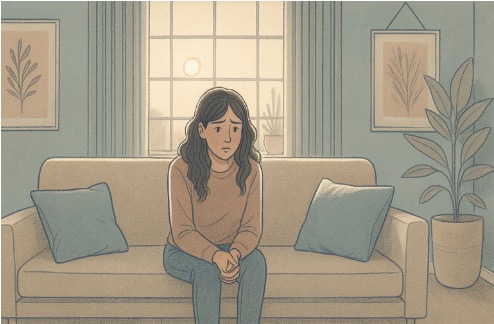 Woman sitting alone on a couch, withdrawn during a brief psychotic disorder episode