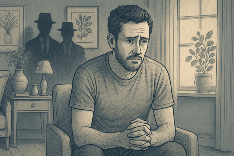 illustration of a man sitting in a chair with shadowy figures in the background