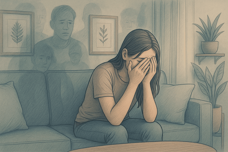 A woman sitting on the couch leaning forward with her head in her hands, with silhouettes of people looking at her from behind