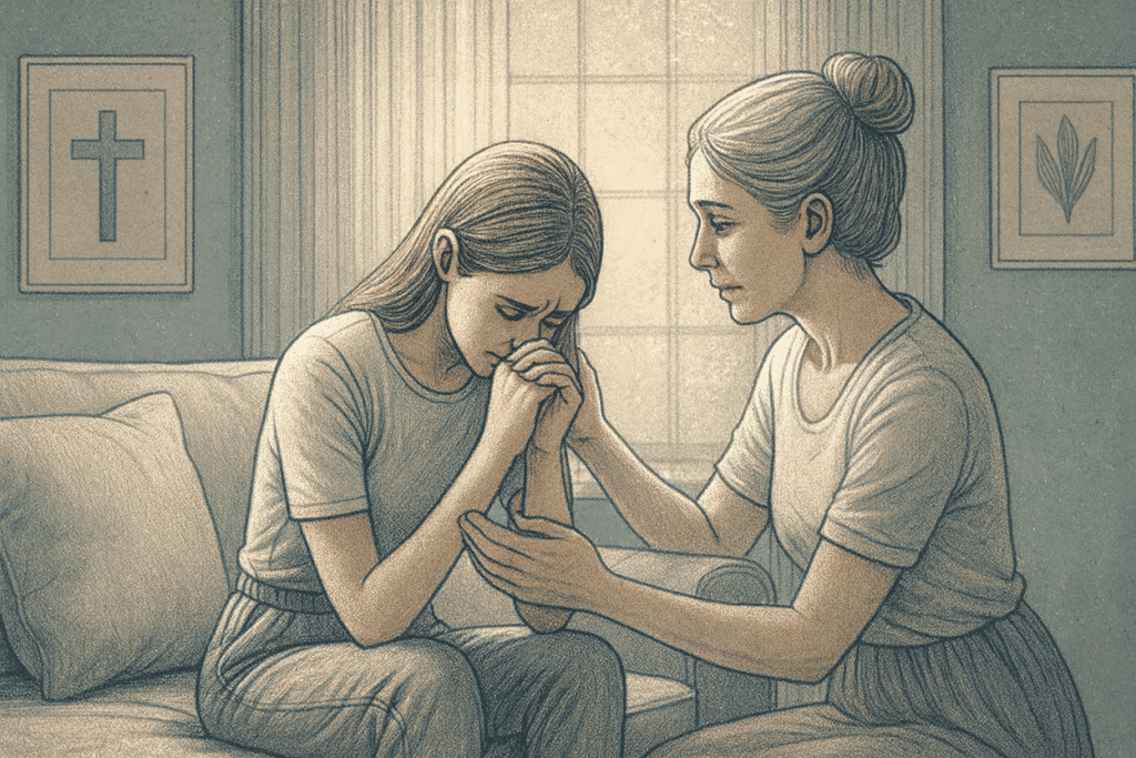 An illustration of a concerned family member reaching out to support someone experiencing distressing religious delusions