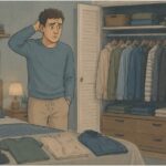 Man experiencing decision paralysis while picking what to wear.