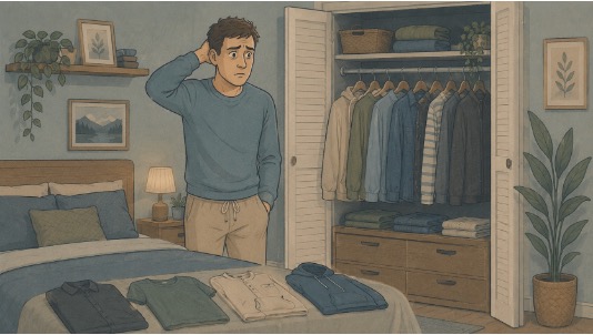 Man experiencing decision paralysis while picking what to wear.