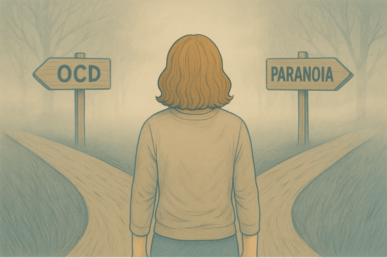 Figure holding two signs representing OCD patterns and paranoid thoughts