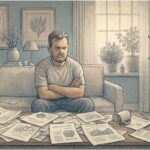 An illustration of a man disgruntled while sitting on the couch, with lots of paper strewn about the coffee table in front of him.