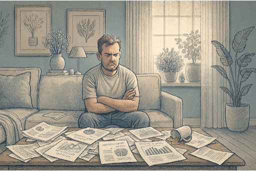 An illustration of a man disgruntled while sitting on the couch, with lots of paper strewn about the coffee table in front of him.