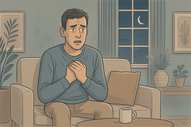 Illustration of a man experiencing anxiety while sitting on a sofa