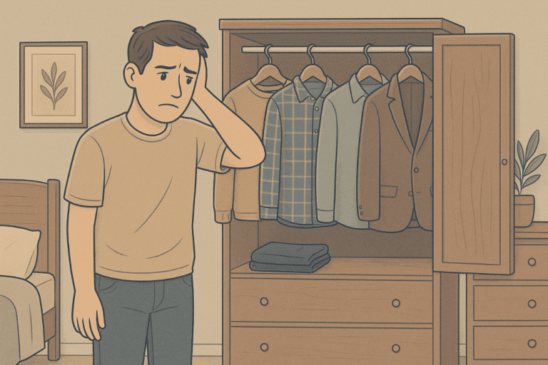 Illustration of a man experiencing decision paralysis while picking what to wear