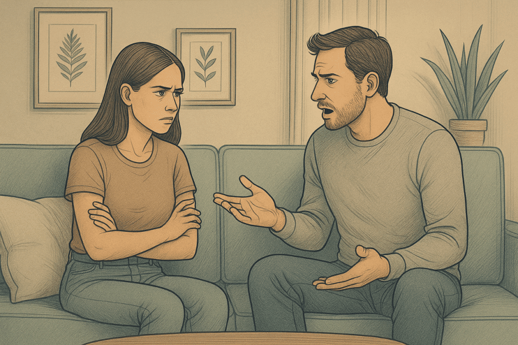 Illustration of a woman and her husband in a tense conversation | AMFM Treatment