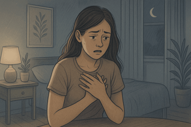 Illustration of a woman experiencing a racing heart due to anxiety at night