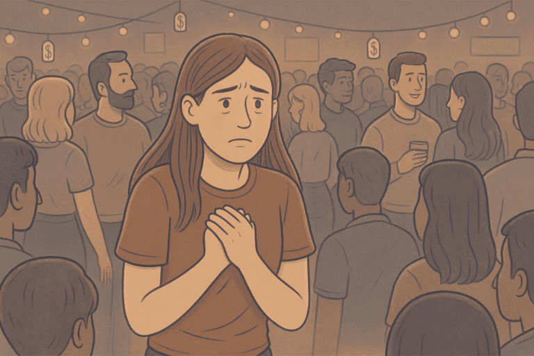Illustration of a woman having anxiety due to the crowd at an event