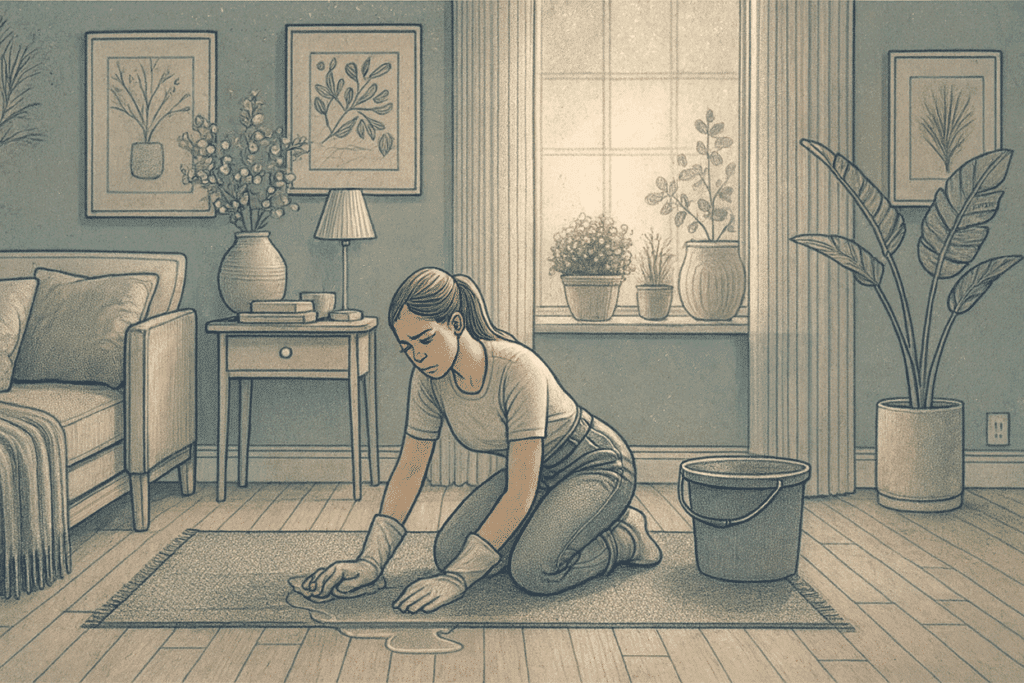 Illustration of a woman kneeling on the floor cleaning a spill on a rug with gloves on in a cozy room | AMFM Treatment