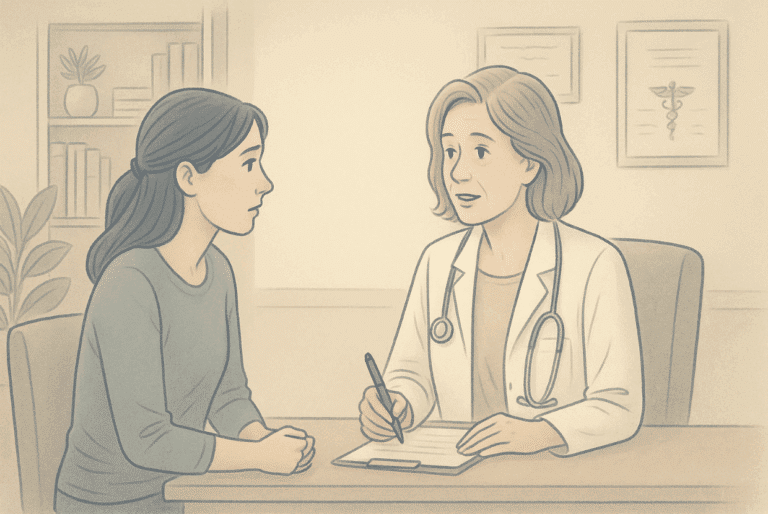 Illustration of a woman talking to a doctor