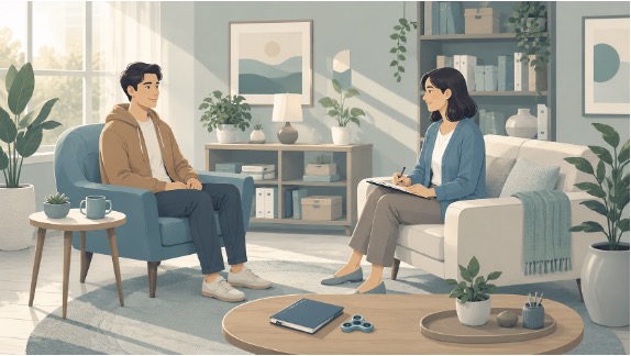 Illustration of a calm, welcoming therapy room where an adult with ADHD speaks with a supportive mental health professional.