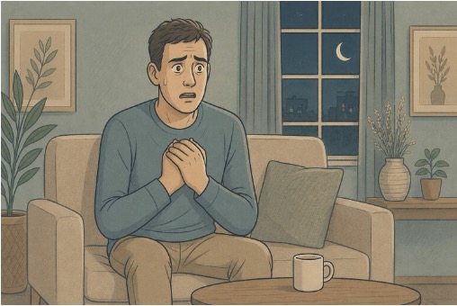 Man sitting alone at night, struggling with anxiety and decision paralysis before applying structured coping strategies. 