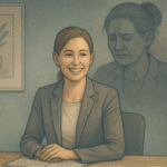 Smiling female therapist with shadowy figure behind representing internal struggles | AMFM Treatment