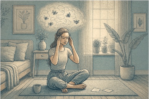 An illustration of a woman with a buzzing mind.
