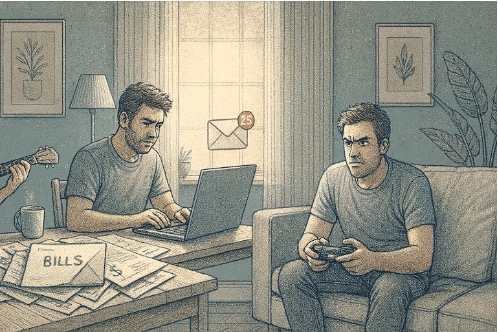 An illustration of a man completely absorbed in different activities.