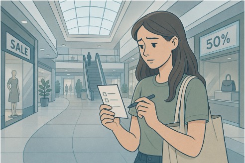 Woman using a pre-planned shopping list as a strategy to reduce anxiety-driven decision paralysis at the store 