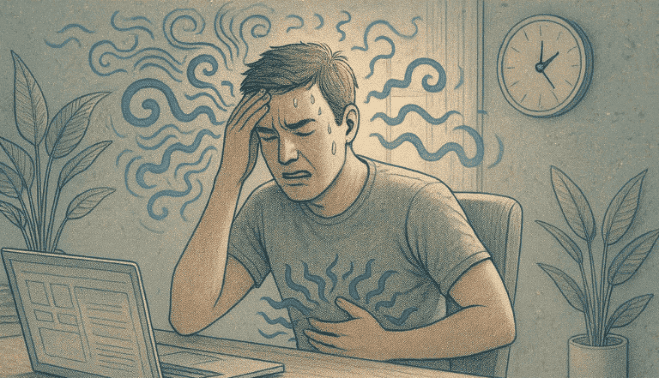 Illustration of a stressed individual at work experiencing both mental anxiety and physical digestive symptoms simultaneously.