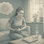 An illustration showing a person experiencing both anxiety and digestive discomfort, representing the interconnected nature of mental and physical health.