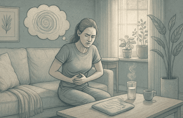 An illustration showing a person experiencing both anxiety and digestive discomfort, representing the interconnected nature of mental and physical health.