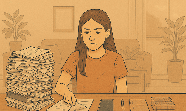 A woman looking stressed while sitting at a desk with an enormous stack of papers and organized office supplies