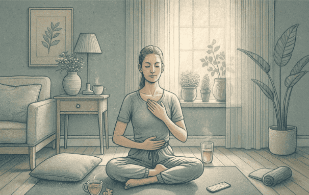 Illustration of a person meditating in a serene setting, demonstrating stress management practices for anxiety and digestive health.