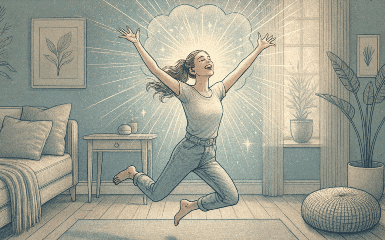An illustration of a joyful woman leaping with arms raised in a bright, glowing living room, representing the euphoric highs characteristic of BPD emotional episodes