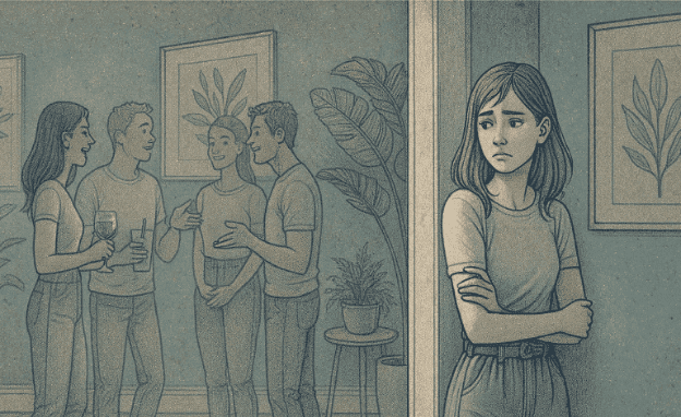 An illustration of a person standing at the edge of a social gathering, looking anxious and hesitant to join, representing the internal struggle of social anxiety