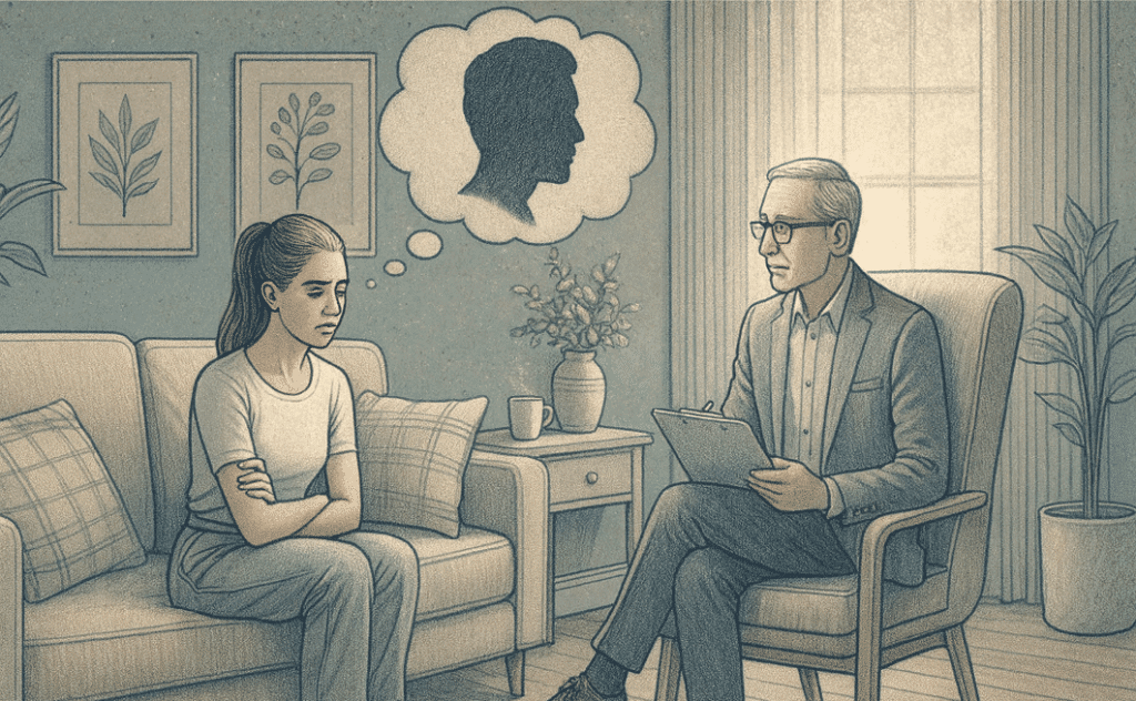 An illustration showing an adult in therapy representing the journey toward understanding and managing antisocial personality disorder | AMFM Treatment