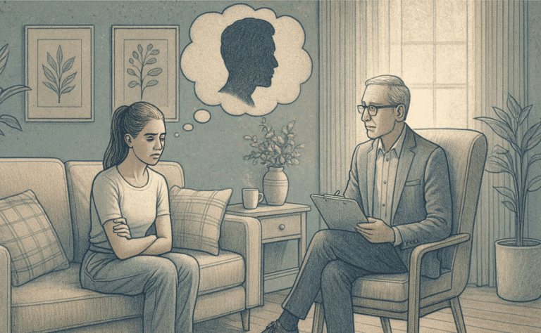 An illustration showing an adult in therapy, representing the journey toward understanding and managing antisocial personality disorder