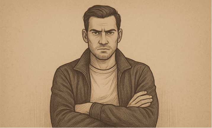 A man standing with his arms crossed, looking angry