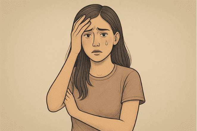 A woman standing with her hand on her forehand and a tear coming down her face